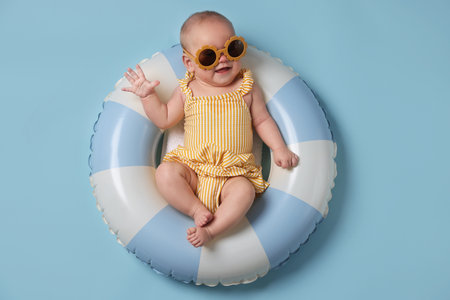 Cute little baby with sunglasses on inflatable ring against light blue background, top viewの写真素材