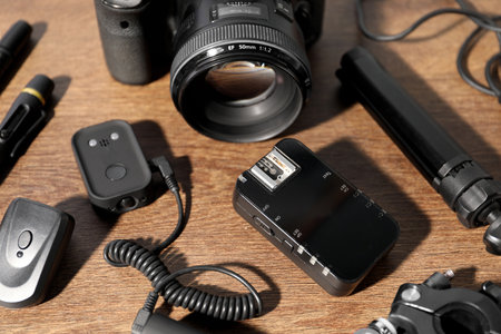 Professional photographer's equipment on wooden background, closeupの写真素材