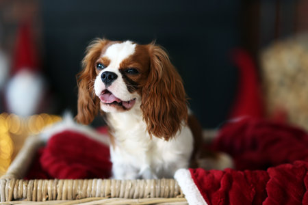 Cute dog inside wicker basket in room decorated for Christmasの写真素材