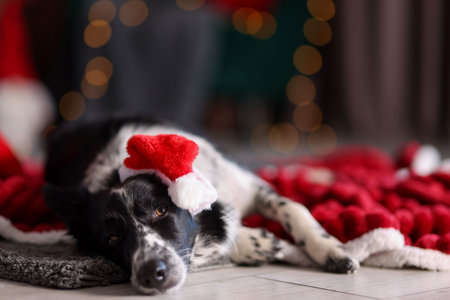 Cute dog in Santa hat at home, space for text. Christmas atmosphereの写真素材