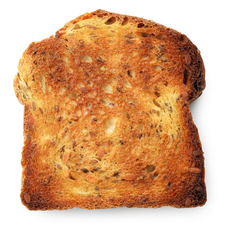 Slice of toasted bread with seeds isolated on white, top view