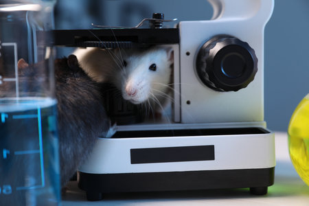Cute rats, microscope and beaker with sample on white wooden table in laboratory, closeupの写真素材