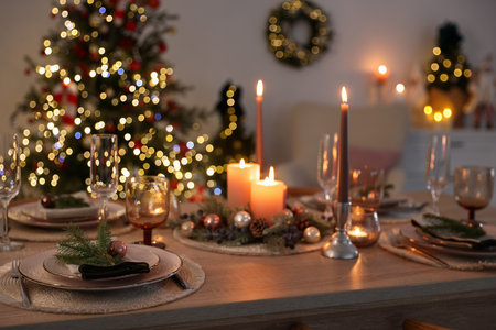 Festive table setting with Christmas decor indoors, closeupの写真素材