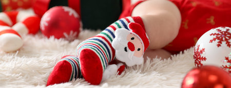 Baby in Christmas socks and festive decor on bed, closeupの写真素材