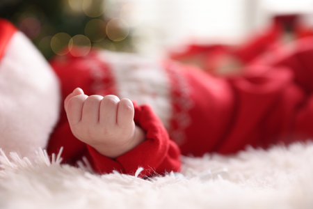 Cute little baby on bed at home, closeup. Christmas seasonの写真素材