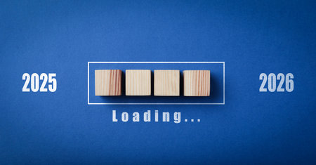 Wooden cubes in loading bar on blue background, top view. Banner designの写真素材