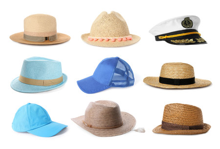 Set of different hats isolated on whiteの写真素材
