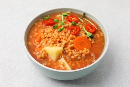 Delicious lentil soup with vegetables in bowl on light gray table, closeupの写真素材