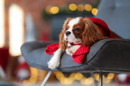 Cute dog with red scarf on armchair in room decorated for Christmas, space for textの写真素材