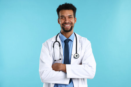 Smiling doctor in medical uniform with stethoscope on light blue background