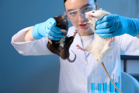 Scientist working with cute rats in laboratory, closeupの写真素材