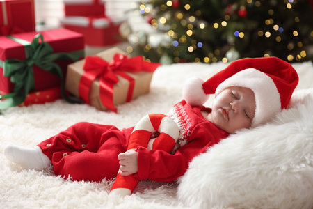 Cute little baby in Santa hat with festive decor sleeping on bed at home. Christmas seasonの写真素材