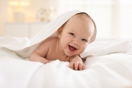 Cute newborn baby wrapped with white towel on bed indoors