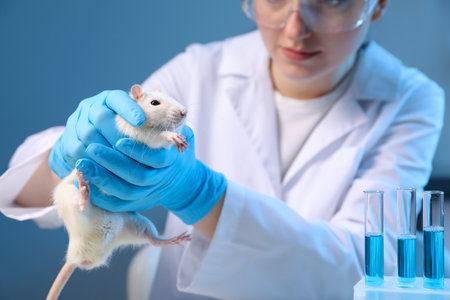 Scientist working with cute rat in laboratory, closeupの写真素材