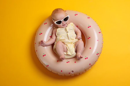Cute little baby with sunglasses on inflatable ring against orange background, top view