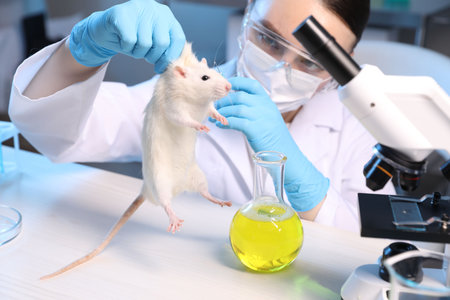 Scientist with rat and syringe at white wooden table in laboratory. Animal testingの写真素材