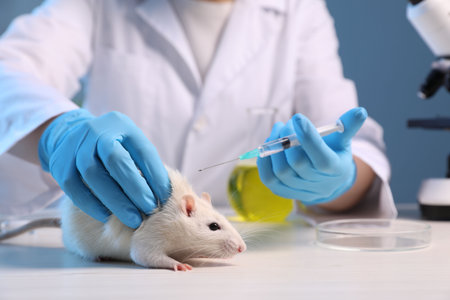 Scientist with syringe and rat at white wooden table in laboratory, closeup. Animal testingの写真素材