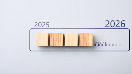 Wooden cubes in download bar on white background, top view. Banner design