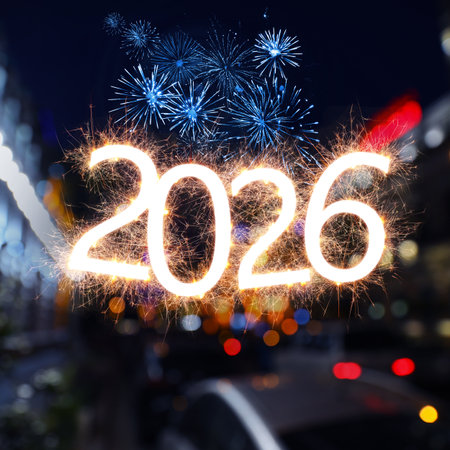 Merry Christmas and Happy New Year card with fireworks and sparkling numbers 2026の写真素材