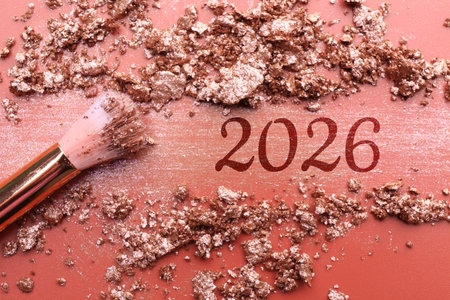 Makeup brush, crushed decorative cosmetic product and numbers 2026 on coral background, top view
