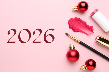 Makeup products, Christmas ornaments and numbers 2026 on pink background, top view