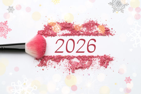 Makeup brush, crushed decorative cosmetic product on white background, top view
