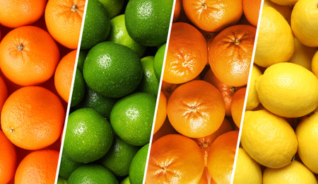 Citrus fruits collage, top view. Lemons, oranges, grapefruits and limes. Banner designの写真素材