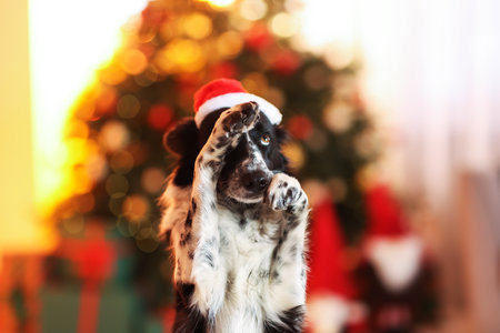 Cute dog with Santa hat in room decorated for Christmasの写真素材