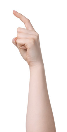 Woman showing size of something on white background, closeupの写真素材