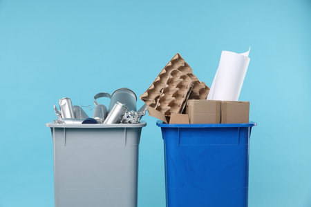 Garbage in trash bins on light blue background, closeup. Waste sortingの写真素材