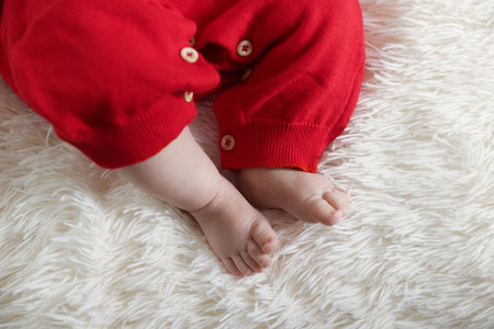 Cute little baby on fluffy blanket, top view. Christmas seasonの写真素材
