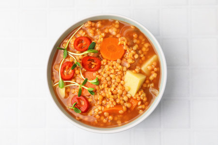 Delicious lentil soup with vegetables in bowl on white tiled table, top viewの写真素材