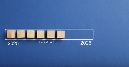 Wooden cubes in loading bar on blue background, top view. Banner design