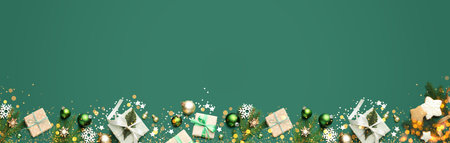 Christmas balls, gift boxes, fir branches and snowflakes on green background, top view. Greeting...