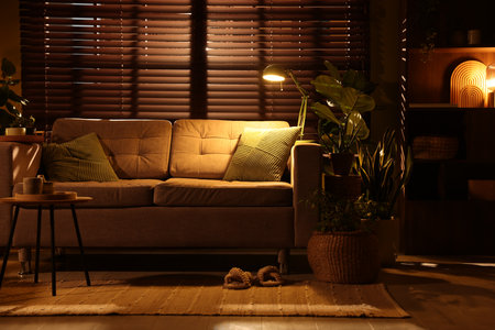 Stylish living room with sofa and houseplants. Interior designの写真素材