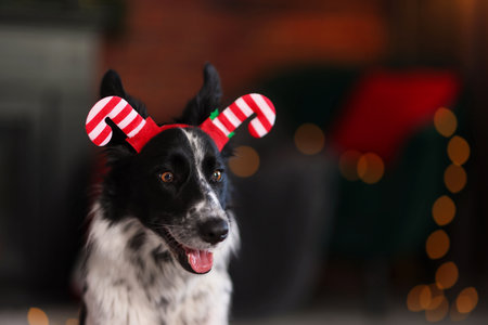 Cute dog in funny headband at home, space for text. Christmas atmosphereの写真素材