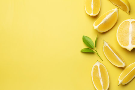 Pieces of fresh lemons and leaves on yellow background, flat lay. Space for text