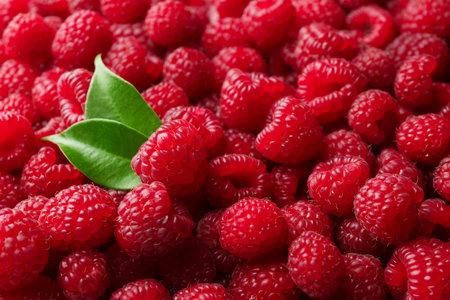 Fresh ripe raspberries and leaves as background, closeup