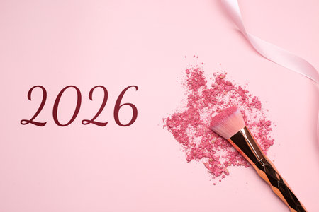 Makeup brush, crushed decorative cosmetic product and numbers on pink background, top view