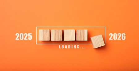 Wooden cubes in loading bar on orange background, top view. Banner designの写真素材