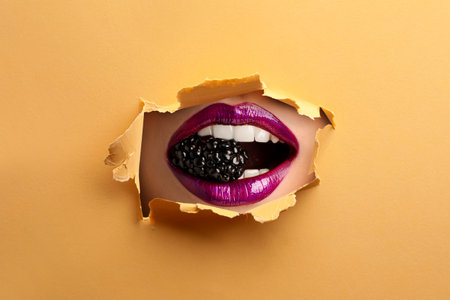 Woman holding berry in mouth, closeup. View on her lips through torn hole in pale orange paper