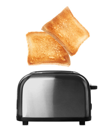 Browned bread slices flying out of toaster on white background