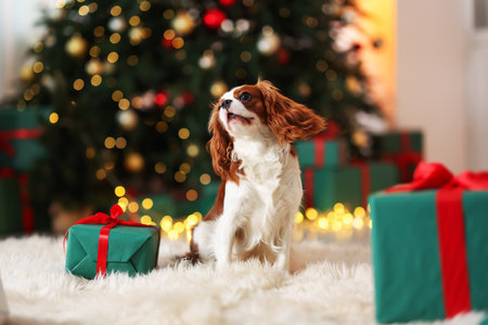 Cute dog near Christmas gift boxes on floor at homeの写真素材