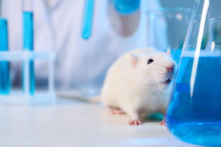 Cute rat and laboratory glassware with samples on white wooden table indoors, closeupの写真素材