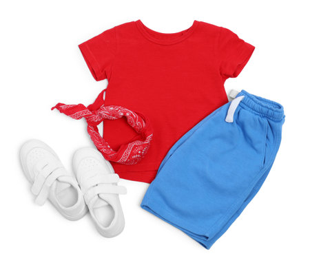 Stylish child clothes and shoes isolated on white, top viewの写真素材