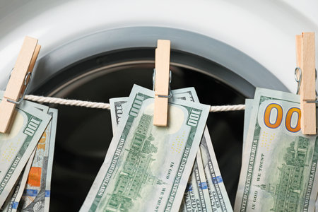 Dollar bills hanging on clothesline near washing machine, closeup