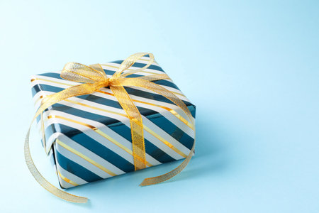 Beautiful wrapped gift on light blue background, closeup. Space for text