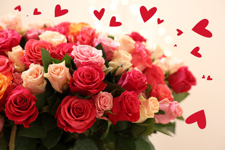 Bouquet of beautiful roses and hearts on romantic greeting cardの写真素材