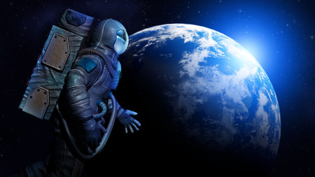 Astronaut wearing suit and celestial body in space. Banner design