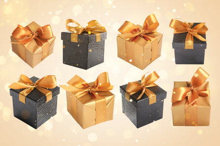 Gift boxes flying in air on beige background with bokeh lights